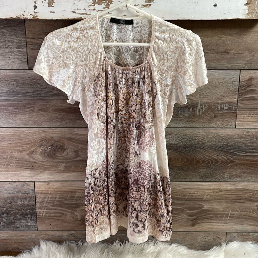 California Vintage Short Sleeve Beaded Floral Top, Size S, Beige & Brown